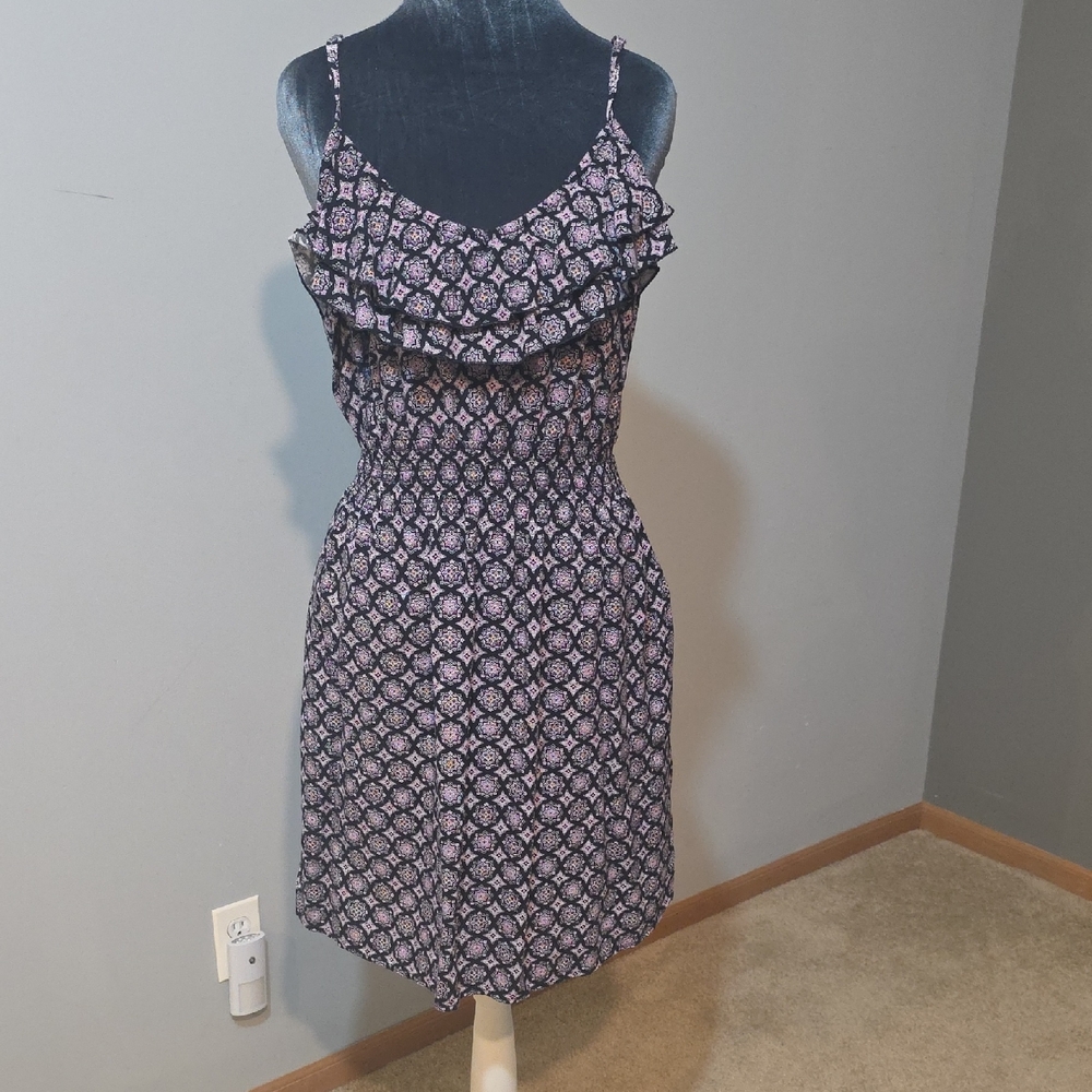 ELLE Black Purple Medallion Print Ruffle Midi Dress | Size L | Spaghetti Strap |
